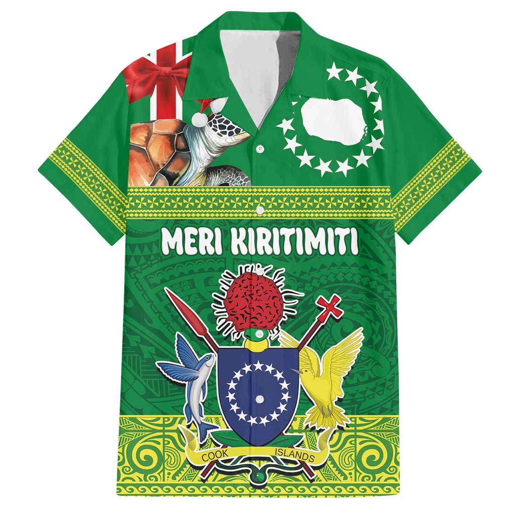 Cook Islands Meri Kiritimiti Family Matching Summer Maxi Dress and Hawaiian Shirt Christmas Turtle - Cooks Islands Emblems and Polynesian Art Pattern LT03 Dad's Shirt - Short Sleeve Green - Polynesian Pride