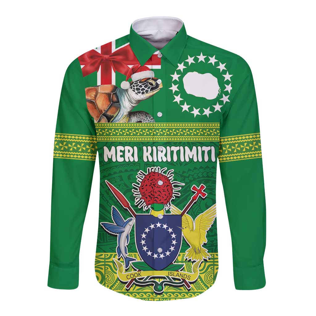 Cook Islands Meri Kiritimiti Long Sleeve Button Shirt Christmas Turtle - Cooks Islands Emblems and Polynesian Art Pattern LT03 Unisex Green - Polynesian Pride