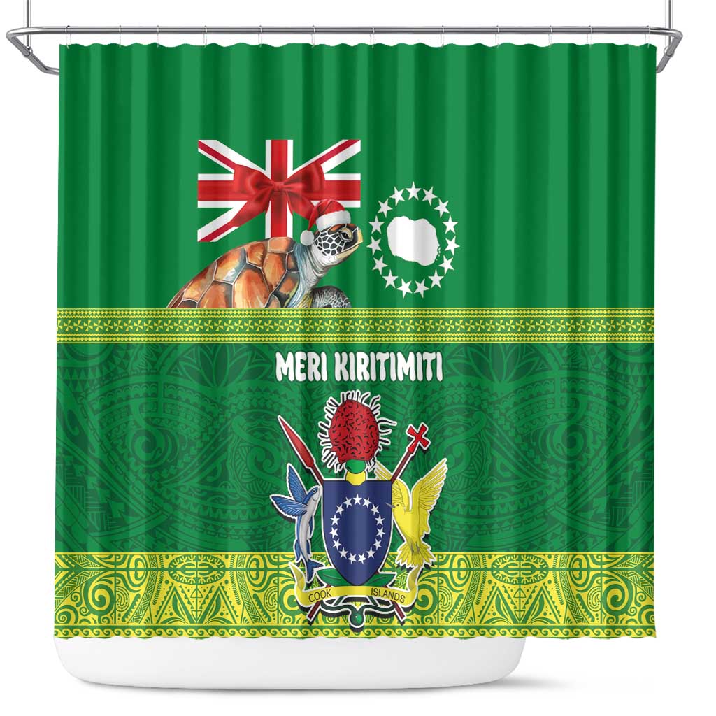 Cook Islands Meri Kiritimiti Shower Curtain Christmas Turtle - Cooks Islands Emblems and Polynesian Art Pattern LT03 Green - Polynesian Pride