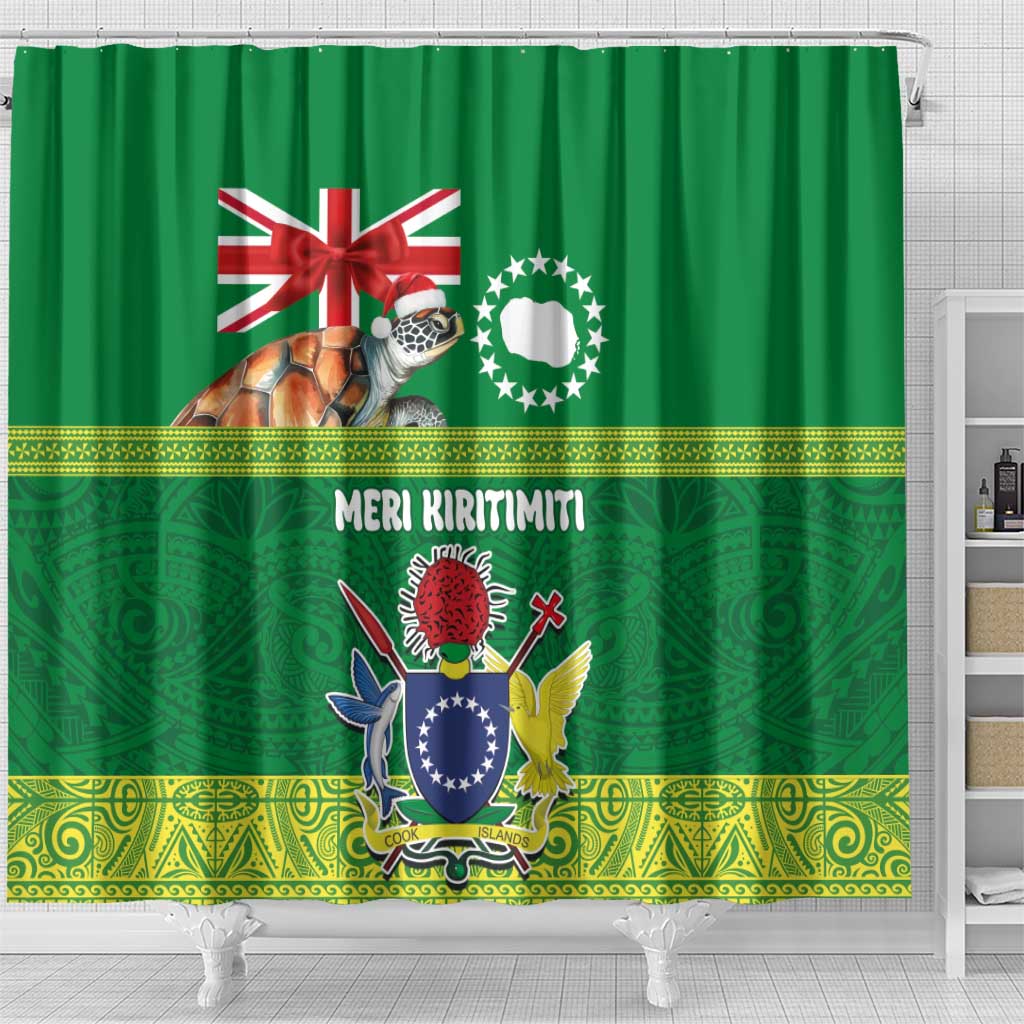 Cook Islands Meri Kiritimiti Shower Curtain Christmas Turtle - Cooks Islands Emblems and Polynesian Art Pattern LT03 - Polynesian Pride