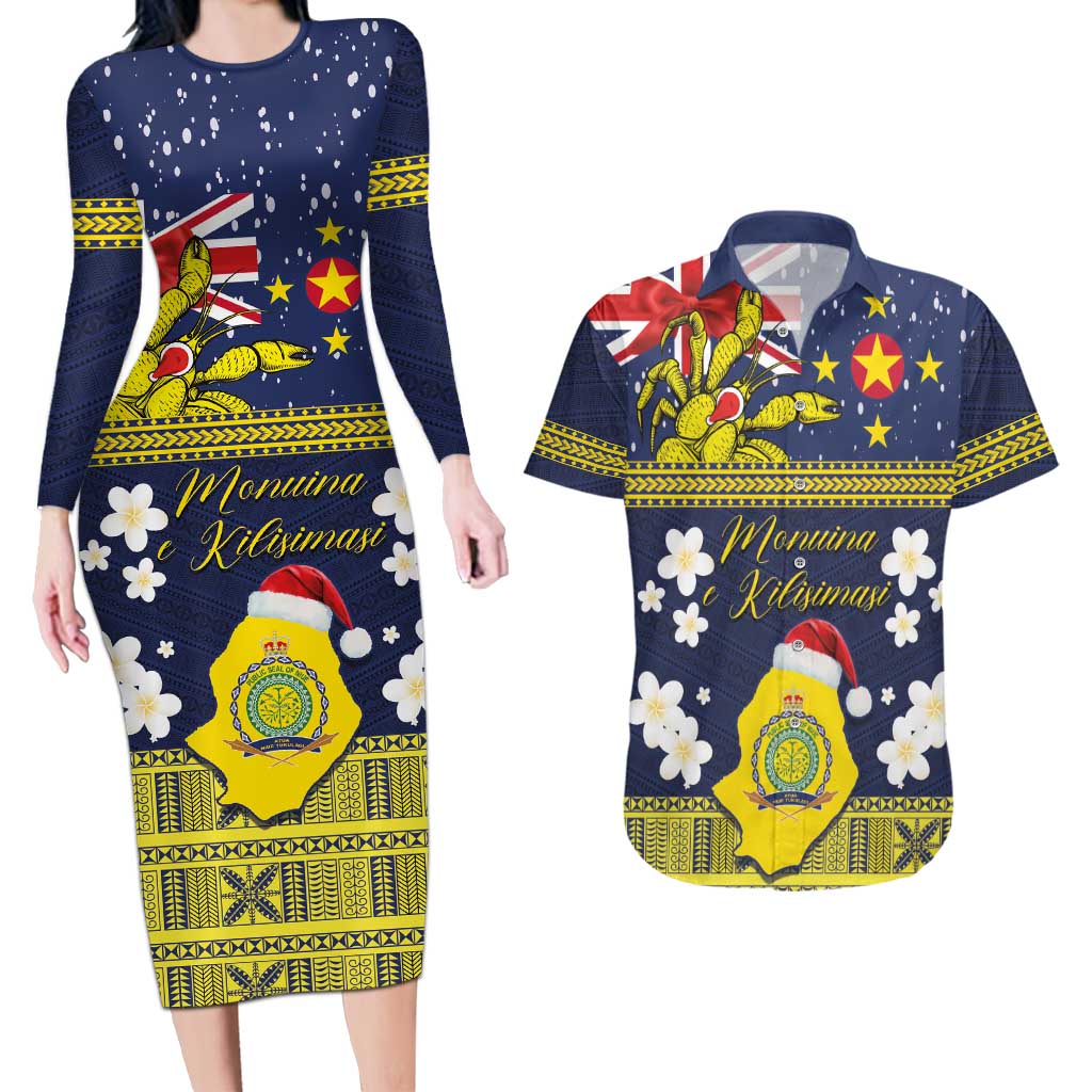 Niue Monuina e Kilisimasi Couples Matching Long Sleeve Bodycon Dress and Hawaiian Shirt Christmas Uga - Niue Map and Emblem with Hiapo Art Pattern LT03 Yellow - Polynesian Pride