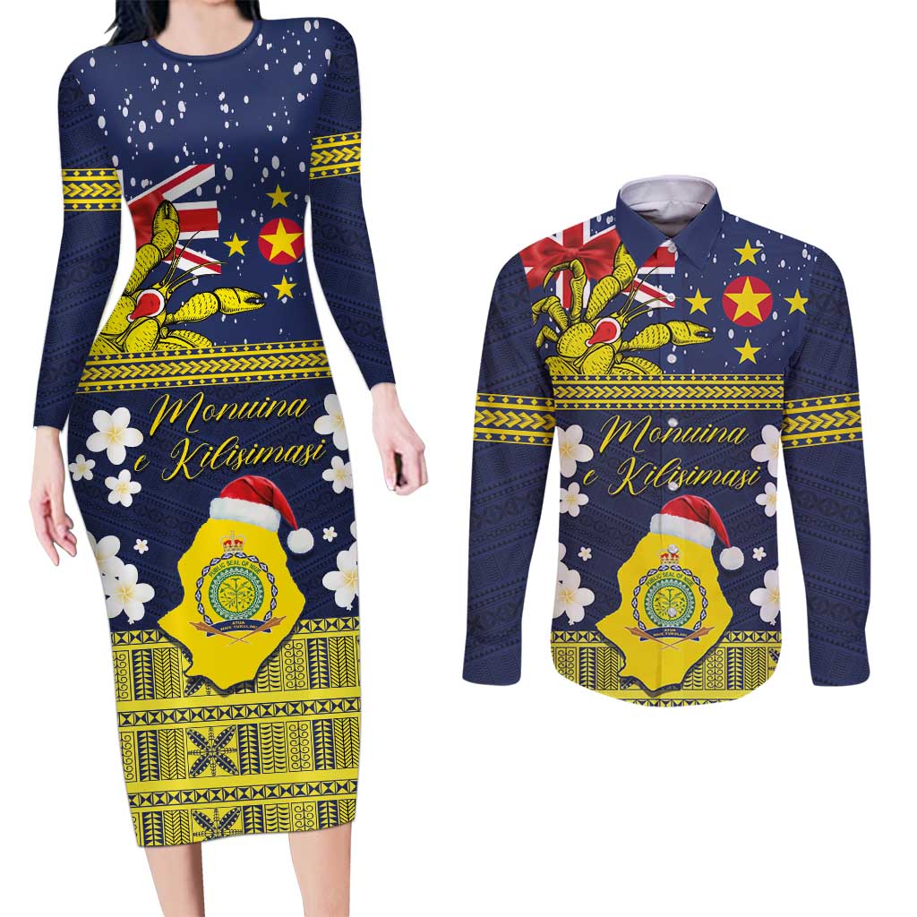 Niue Monuina e Kilisimasi Couples Matching Long Sleeve Bodycon Dress and Long Sleeve Button Shirt Christmas Uga - Niue Map and Emblem with Hiapo Art Pattern LT03 Yellow - Polynesian Pride