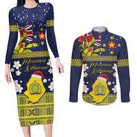 Niue Monuina e Kilisimasi Couples Matching Long Sleeve Bodycon Dress and Long Sleeve Button Shirt Christmas Uga - Niue Map and Emblem with Hiapo Art Pattern LT03 Yellow - Polynesian Pride
