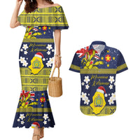 Niue Monuina e Kilisimasi Couples Matching Mermaid Dress and Hawaiian Shirt Christmas Uga - Niue Map and Emblem with Hiapo Art Pattern LT03 Yellow - Polynesian Pride