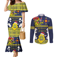 Niue Monuina e Kilisimasi Couples Matching Mermaid Dress and Long Sleeve Button Shirt Christmas Uga - Niue Map and Emblem with Hiapo Art Pattern LT03 Yellow - Polynesian Pride