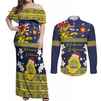 Niue Monuina e Kilisimasi Couples Matching Off Shoulder Maxi Dress and Long Sleeve Button Shirt Christmas Uga - Niue Map and Emblem with Hiapo Art Pattern LT03 Yellow - Polynesian Pride