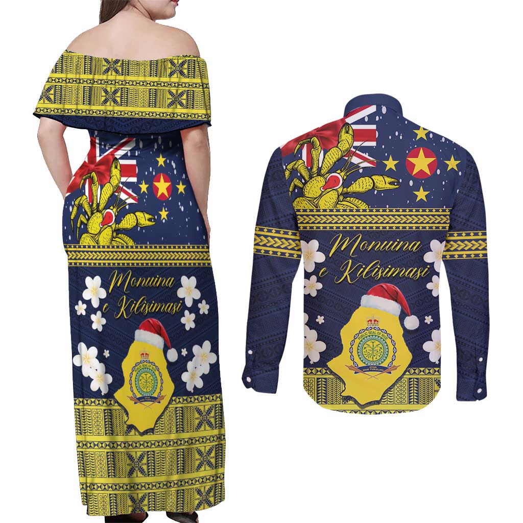 Niue Monuina e Kilisimasi Couples Matching Off Shoulder Maxi Dress and Long Sleeve Button Shirt Christmas Uga - Niue Map and Emblem with Hiapo Art Pattern LT03 - Polynesian Pride