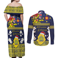 Niue Monuina e Kilisimasi Couples Matching Off Shoulder Maxi Dress and Long Sleeve Button Shirt Christmas Uga - Niue Map and Emblem with Hiapo Art Pattern LT03 - Polynesian Pride