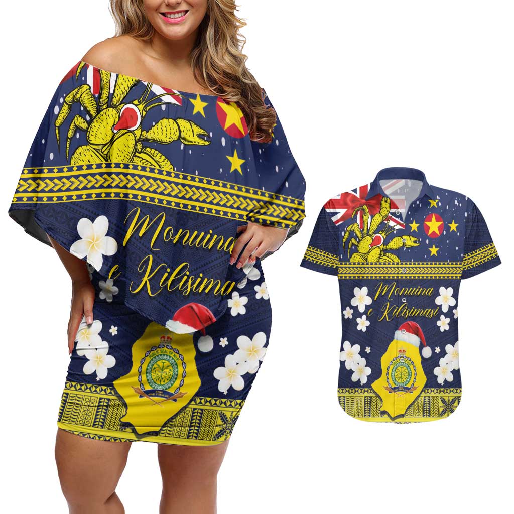 Niue Monuina e Kilisimasi Couples Matching Off Shoulder Short Dress and Hawaiian Shirt Christmas Uga - Niue Map and Emblem with Hiapo Art Pattern LT03 Yellow - Polynesian Pride