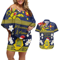 Niue Monuina e Kilisimasi Couples Matching Off Shoulder Short Dress and Hawaiian Shirt Christmas Uga - Niue Map and Emblem with Hiapo Art Pattern LT03 Yellow - Polynesian Pride