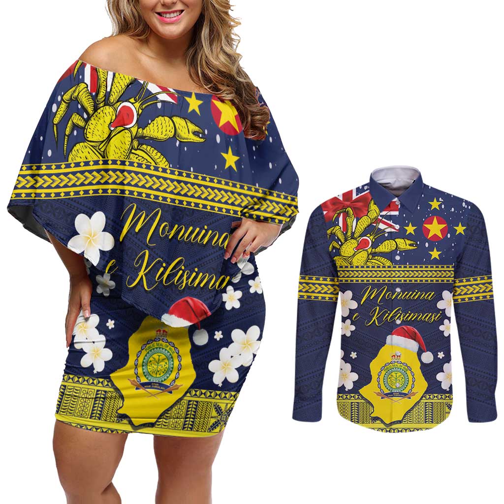 Niue Monuina e Kilisimasi Couples Matching Off Shoulder Short Dress and Long Sleeve Button Shirt Christmas Uga - Niue Map and Emblem with Hiapo Art Pattern LT03 Yellow - Polynesian Pride