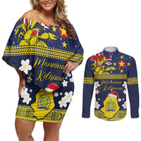 Niue Monuina e Kilisimasi Couples Matching Off Shoulder Short Dress and Long Sleeve Button Shirt Christmas Uga - Niue Map and Emblem with Hiapo Art Pattern LT03 Yellow - Polynesian Pride