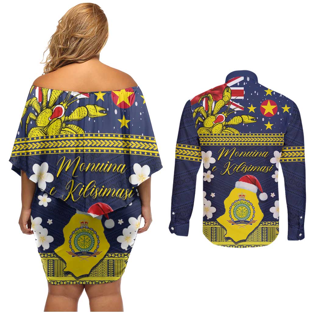 Niue Monuina e Kilisimasi Couples Matching Off Shoulder Short Dress and Long Sleeve Button Shirt Christmas Uga - Niue Map and Emblem with Hiapo Art Pattern LT03 - Polynesian Pride