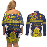 Niue Monuina e Kilisimasi Couples Matching Off Shoulder Short Dress and Long Sleeve Button Shirt Christmas Uga - Niue Map and Emblem with Hiapo Art Pattern LT03 - Polynesian Pride