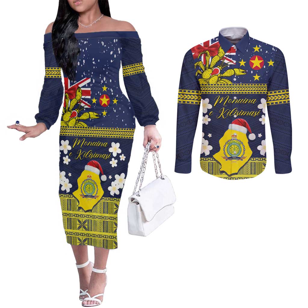 Niue Monuina e Kilisimasi Couples Matching Off The Shoulder Long Sleeve Dress and Long Sleeve Button Shirt Christmas Uga - Niue Map and Emblem with Hiapo Art Pattern LT03 Yellow - Polynesian Pride