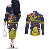 Niue Monuina e Kilisimasi Couples Matching Off The Shoulder Long Sleeve Dress and Long Sleeve Button Shirt Christmas Uga - Niue Map and Emblem with Hiapo Art Pattern LT03 - Polynesian Pride