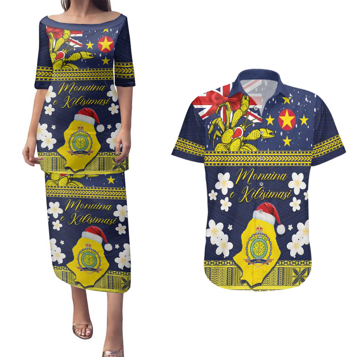 Niue Monuina e Kilisimasi Couples Matching Puletasi and Hawaiian Shirt Christmas Uga - Niue Map and Emblem with Hiapo Art Pattern LT03 Yellow - Polynesian Pride