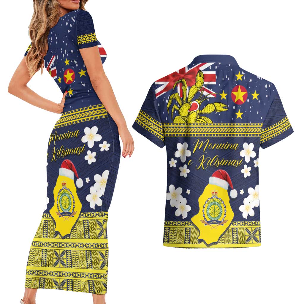Niue Monuina e Kilisimasi Couples Matching Short Sleeve Bodycon Dress and Hawaiian Shirt Christmas Uga - Niue Map and Emblem with Hiapo Art Pattern LT03 - Polynesian Pride