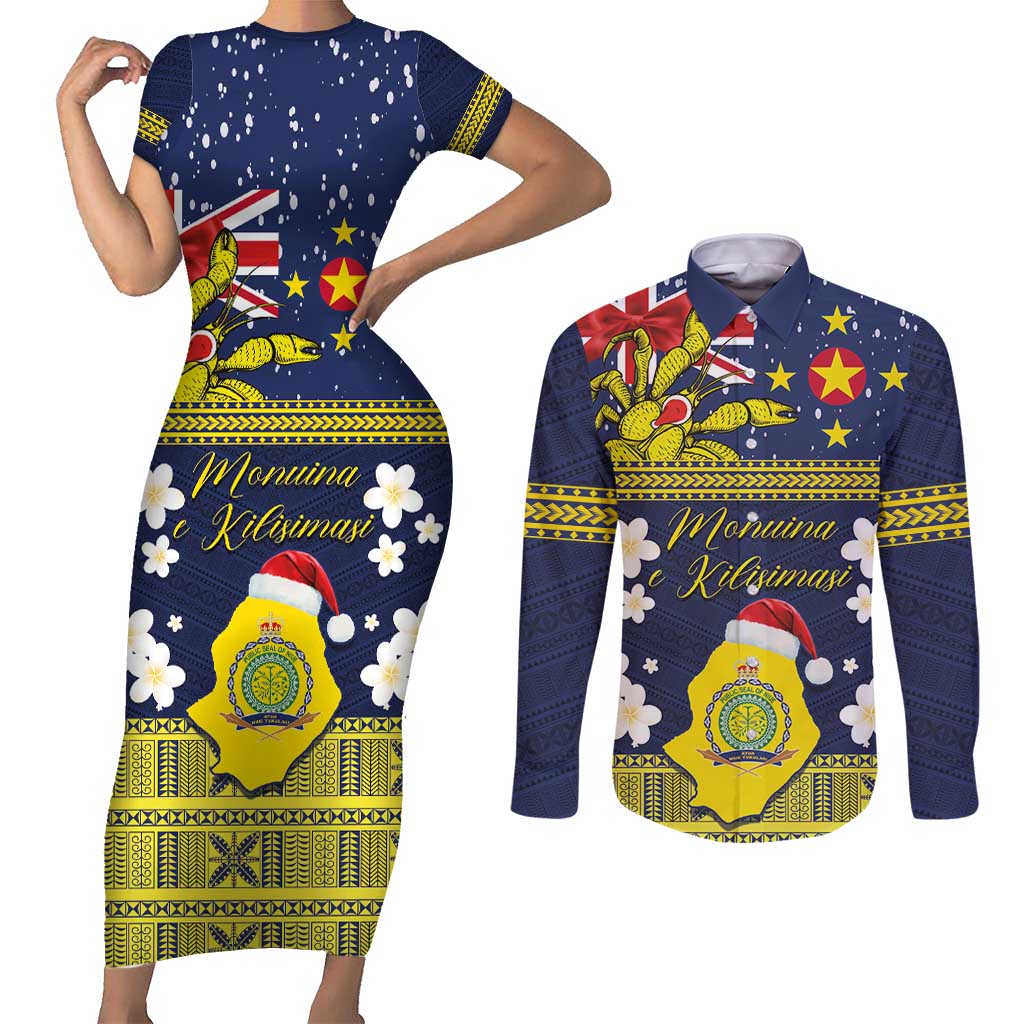 Niue Monuina e Kilisimasi Couples Matching Short Sleeve Bodycon Dress and Long Sleeve Button Shirt Christmas Uga - Niue Map and Emblem with Hiapo Art Pattern LT03 Yellow - Polynesian Pride