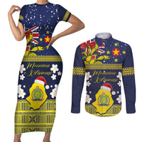 Niue Monuina e Kilisimasi Couples Matching Short Sleeve Bodycon Dress and Long Sleeve Button Shirt Christmas Uga - Niue Map and Emblem with Hiapo Art Pattern LT03 Yellow - Polynesian Pride