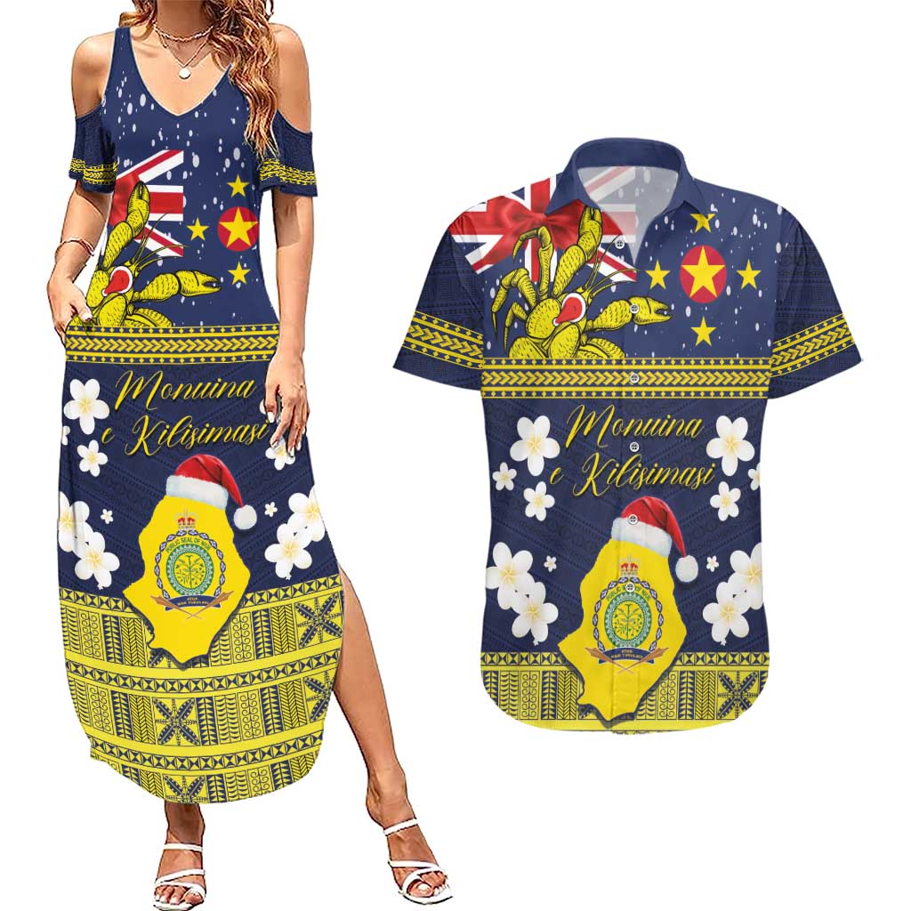 Niue Monuina e Kilisimasi Couples Matching Summer Maxi Dress and Hawaiian Shirt Christmas Uga - Niue Map and Emblem with Hiapo Art Pattern LT03 Yellow - Polynesian Pride