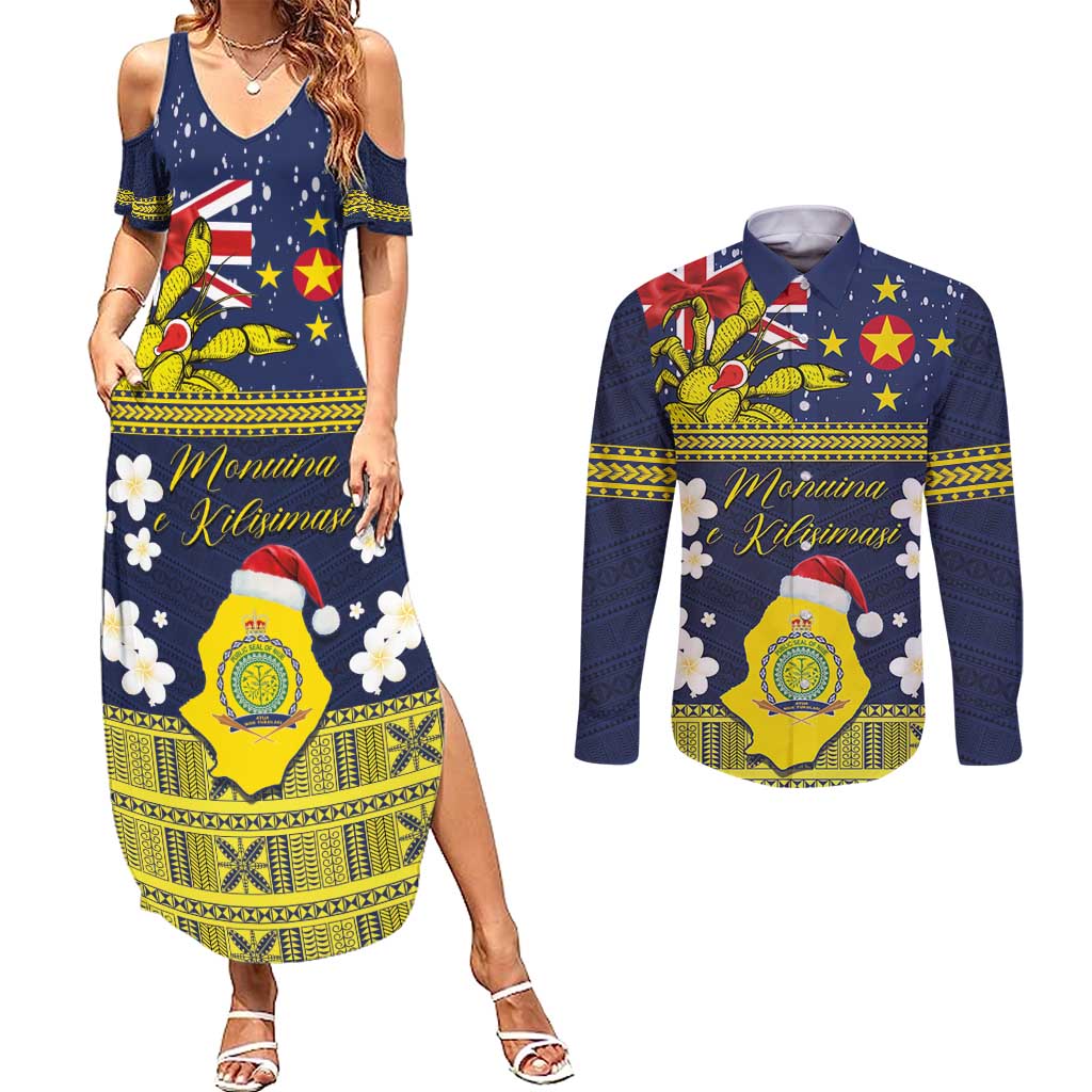 Niue Monuina e Kilisimasi Couples Matching Summer Maxi Dress and Long Sleeve Button Shirt Christmas Uga - Niue Map and Emblem with Hiapo Art Pattern LT03 Yellow - Polynesian Pride