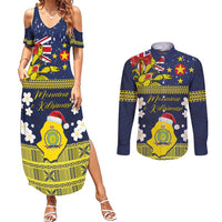 Niue Monuina e Kilisimasi Couples Matching Summer Maxi Dress and Long Sleeve Button Shirt Christmas Uga - Niue Map and Emblem with Hiapo Art Pattern LT03 Yellow - Polynesian Pride