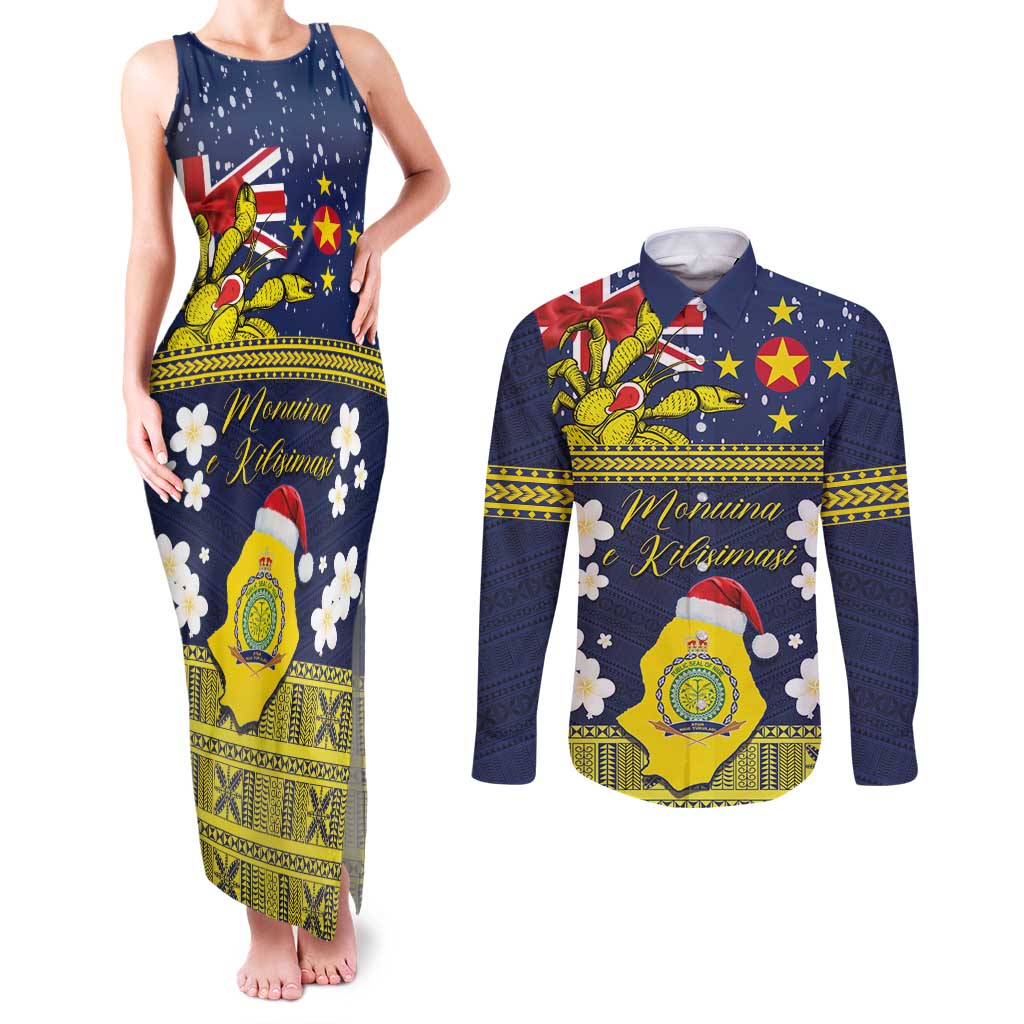 Niue Monuina e Kilisimasi Couples Matching Tank Maxi Dress and Long Sleeve Button Shirt Christmas Uga - Niue Map and Emblem with Hiapo Art Pattern LT03 Yellow - Polynesian Pride