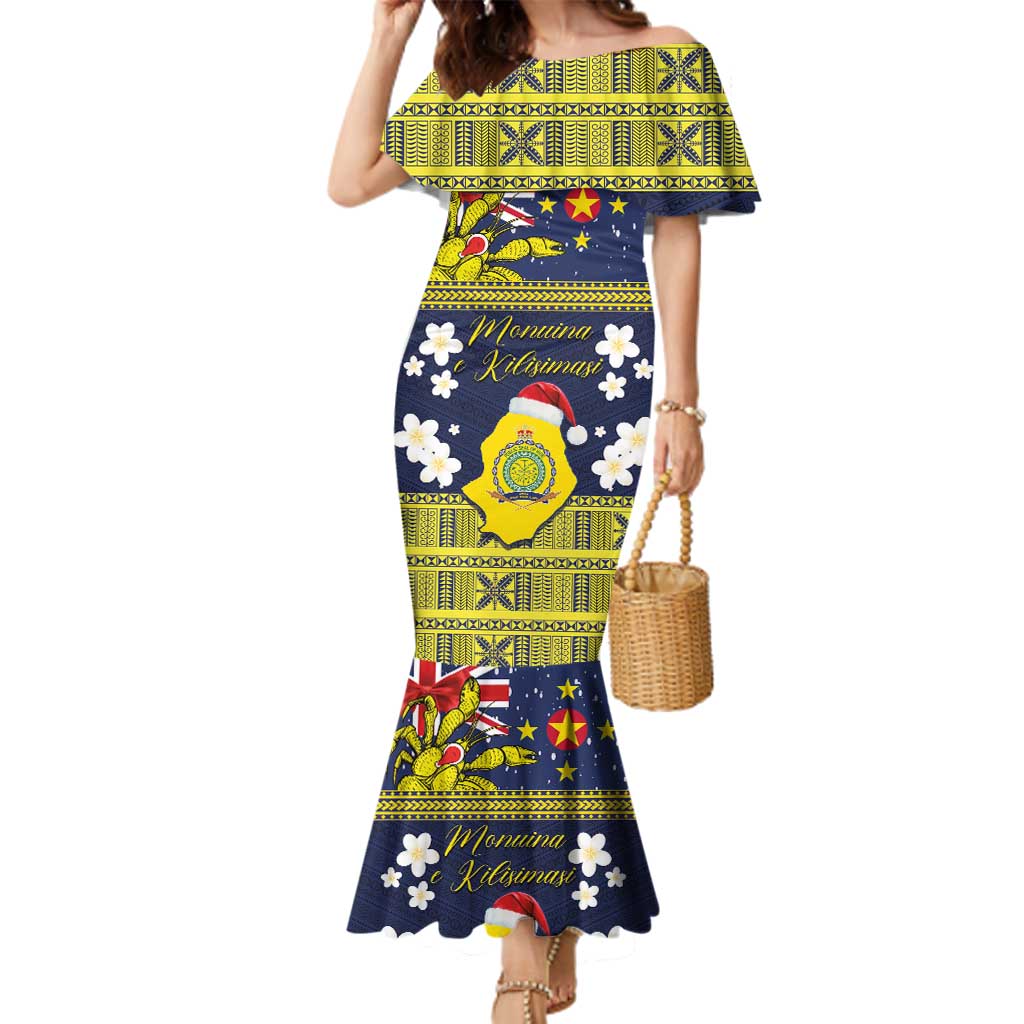 Niue Monuina e Kilisimasi Family Matching Mermaid Dress and Hawaiian Shirt Christmas Uga - Niue Map and Emblem with Hiapo Art Pattern LT03 Mom's Dress Yellow - Polynesian Pride