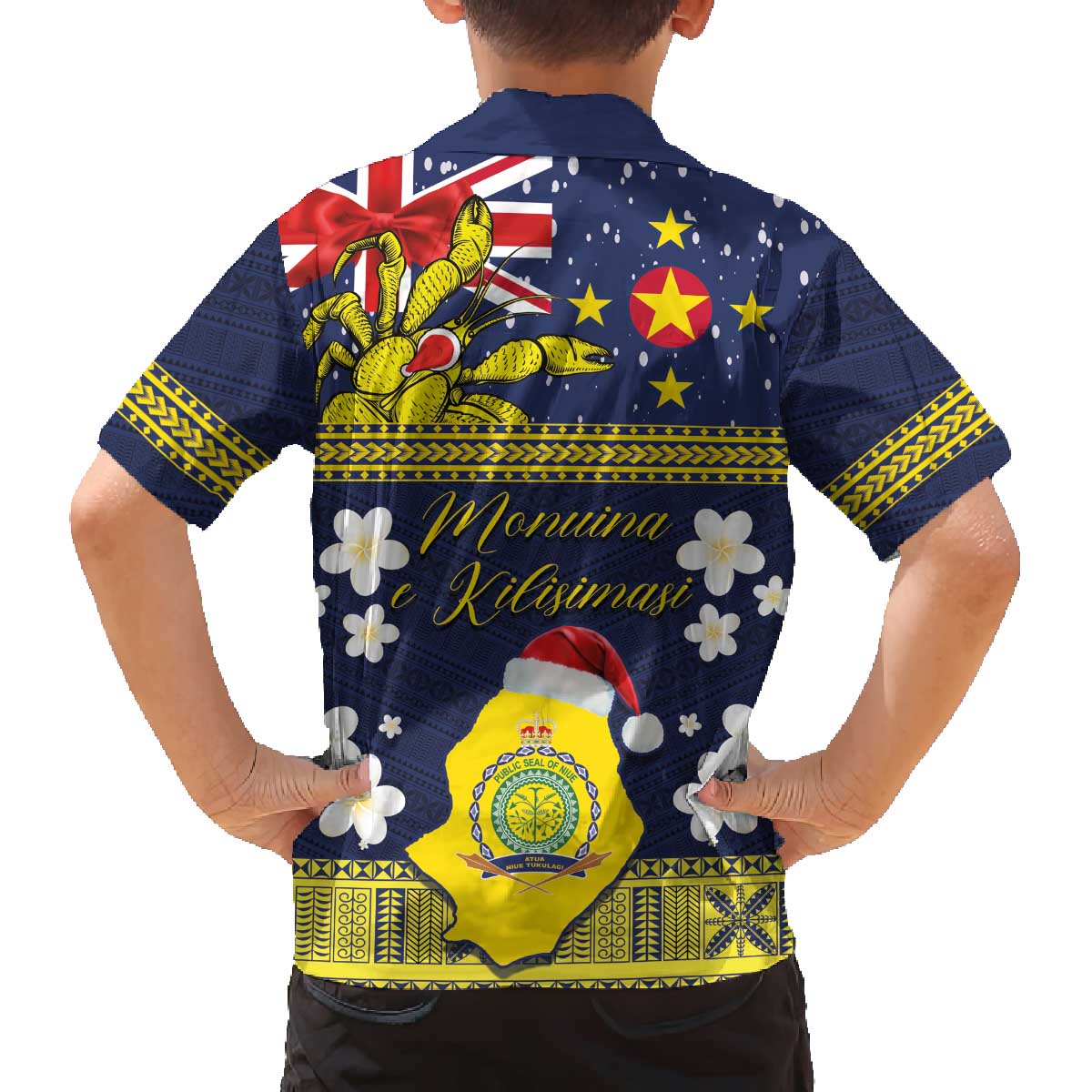 Niue Monuina e Kilisimasi Family Matching Off The Shoulder Long Sleeve Dress and Hawaiian Shirt Christmas Uga - Niue Map and Emblem with Hiapo Art Pattern LT03 - Polynesian Pride