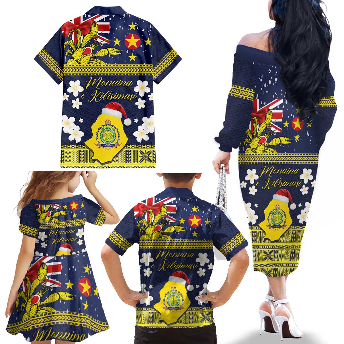 Niue Monuina e Kilisimasi Family Matching Off The Shoulder Long Sleeve Dress and Hawaiian Shirt Christmas Uga - Niue Map and Emblem with Hiapo Art Pattern LT03 - Polynesian Pride