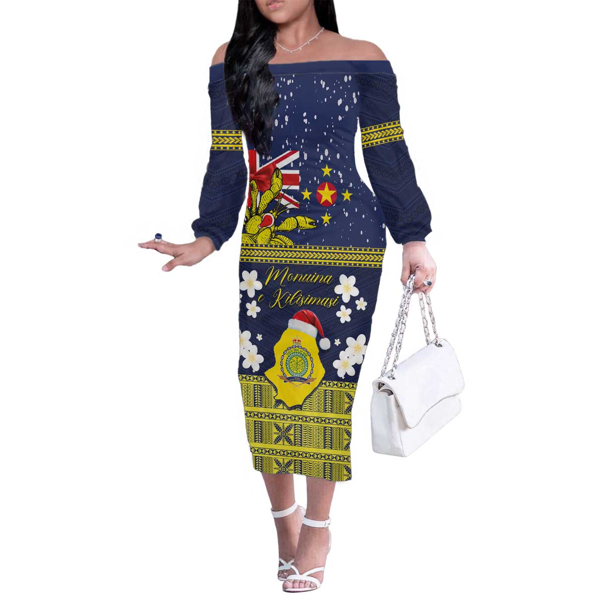 Niue Monuina e Kilisimasi Family Matching Off The Shoulder Long Sleeve Dress and Hawaiian Shirt Christmas Uga - Niue Map and Emblem with Hiapo Art Pattern LT03 Mom's Dress Yellow - Polynesian Pride