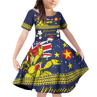 Niue Monuina e Kilisimasi Family Matching Off Shoulder Short Dress and Hawaiian Shirt Christmas Uga - Niue Map and Emblem with Hiapo Art Pattern LT03 Daughter's Dress Yellow - Polynesian Pride