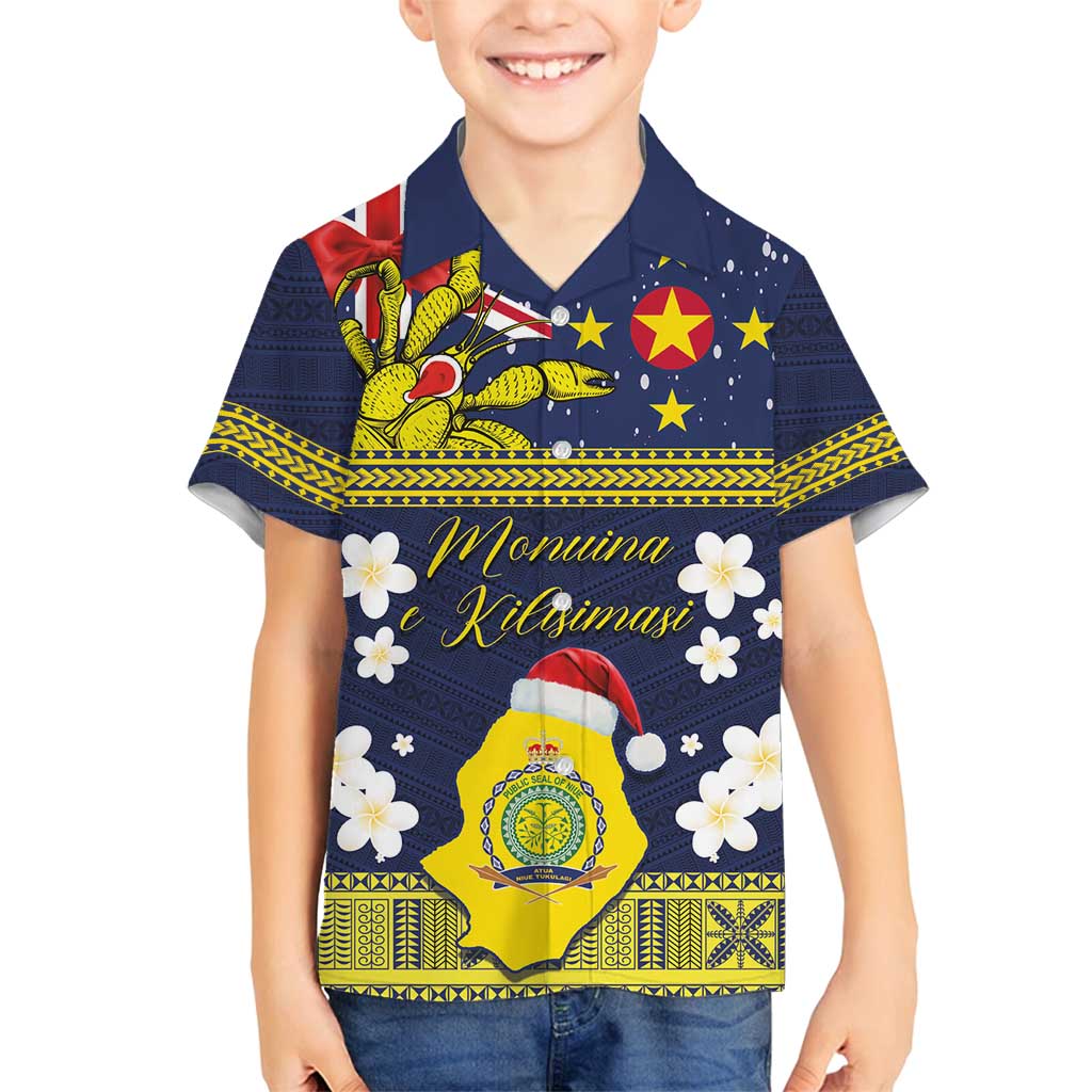 Niue Monuina e Kilisimasi Family Matching Puletasi and Hawaiian Shirt Christmas Uga - Niue Map and Emblem with Hiapo Art Pattern LT03 Son's Shirt Yellow - Polynesian Pride
