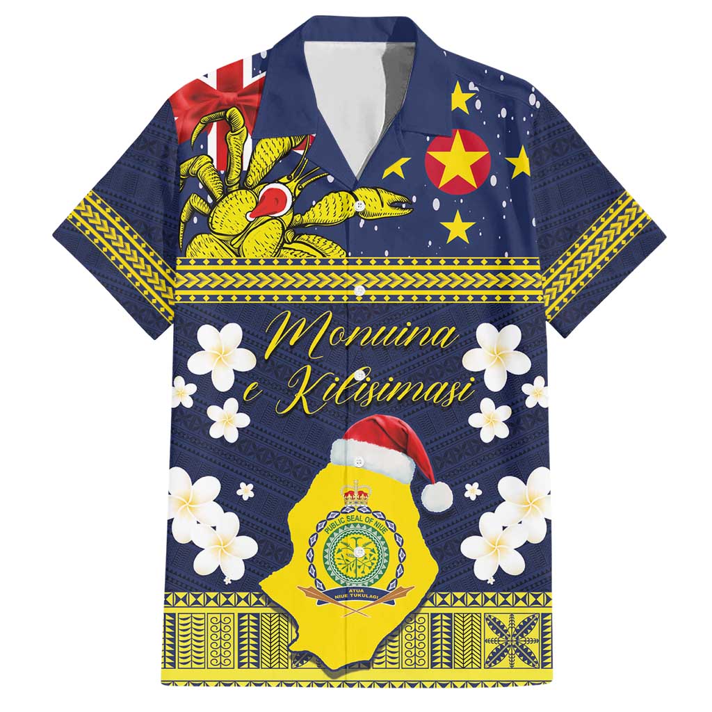 Niue Monuina e Kilisimasi Family Matching Short Sleeve Bodycon Dress and Hawaiian Shirt Christmas Uga - Niue Map and Emblem with Hiapo Art Pattern LT03 Dad's Shirt - Short Sleeve Yellow - Polynesian Pride