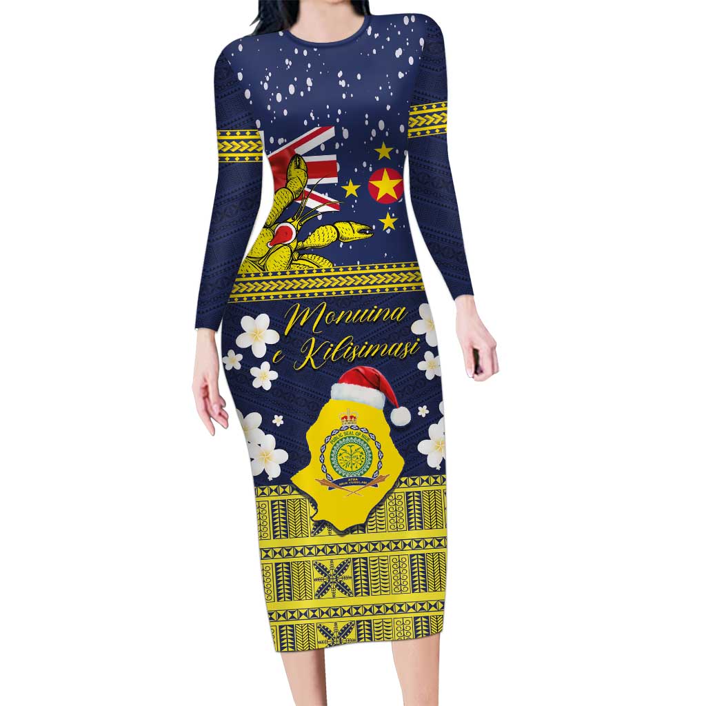 Niue Monuina e Kilisimasi Long Sleeve Bodycon Dress Christmas Uga - Niue Map and Emblem with Hiapo Art Pattern LT03 Long Dress Yellow - Polynesian Pride