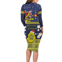 Niue Monuina e Kilisimasi Long Sleeve Bodycon Dress Christmas Uga - Niue Map and Emblem with Hiapo Art Pattern LT03 - Polynesian Pride