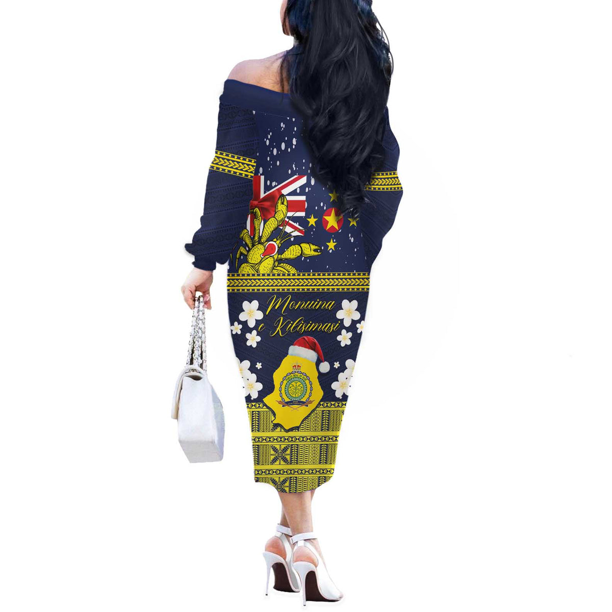 Niue Monuina e Kilisimasi Off The Shoulder Long Sleeve Dress Christmas Uga - Niue Map and Emblem with Hiapo Art Pattern LT03 - Polynesian Pride