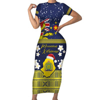 Niue Monuina e Kilisimasi Short Sleeve Bodycon Dress Christmas Uga - Niue Map and Emblem with Hiapo Art Pattern LT03 Long Dress Yellow - Polynesian Pride