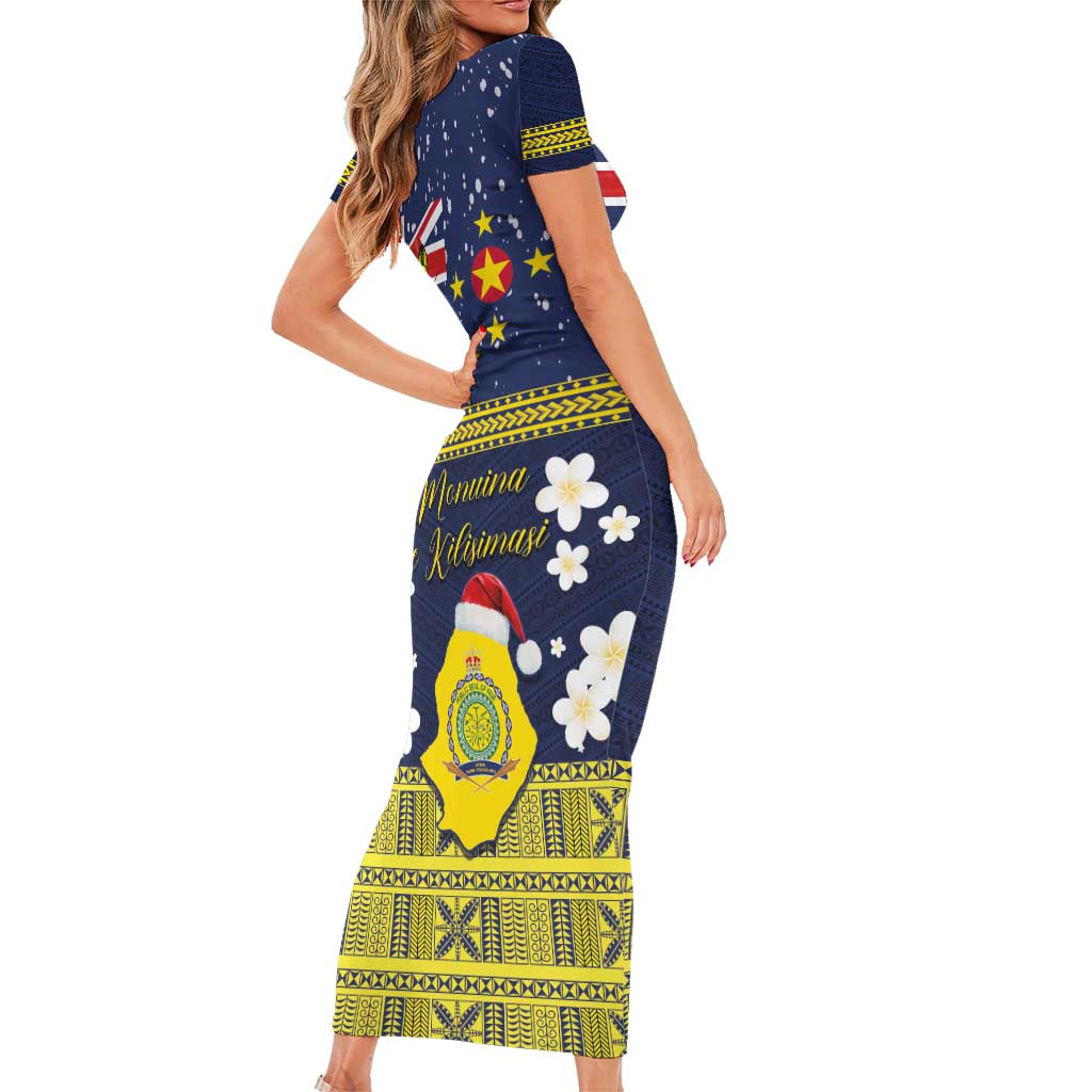 Niue Monuina e Kilisimasi Short Sleeve Bodycon Dress Christmas Uga - Niue Map and Emblem with Hiapo Art Pattern LT03 - Polynesian Pride