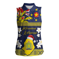 Niue Monuina e Kilisimasi Women Sleeveless Polo Shirt Christmas Uga - Niue Map and Emblem with Hiapo Art Pattern LT03 Female Yellow - Polynesian Pride