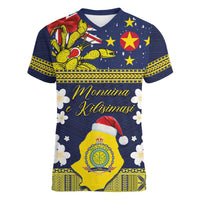 Niue Monuina e Kilisimasi Women V-Neck T-Shirt Christmas Uga - Niue Map and Emblem with Hiapo Art Pattern LT03 Female Yellow - Polynesian Pride