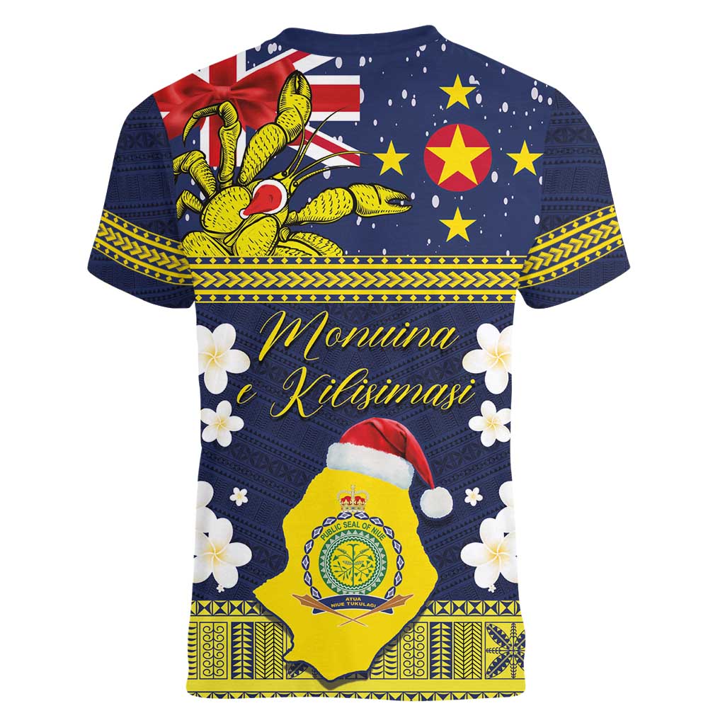 Niue Monuina e Kilisimasi Women V-Neck T-Shirt Christmas Uga - Niue Map and Emblem with Hiapo Art Pattern LT03 - Polynesian Pride