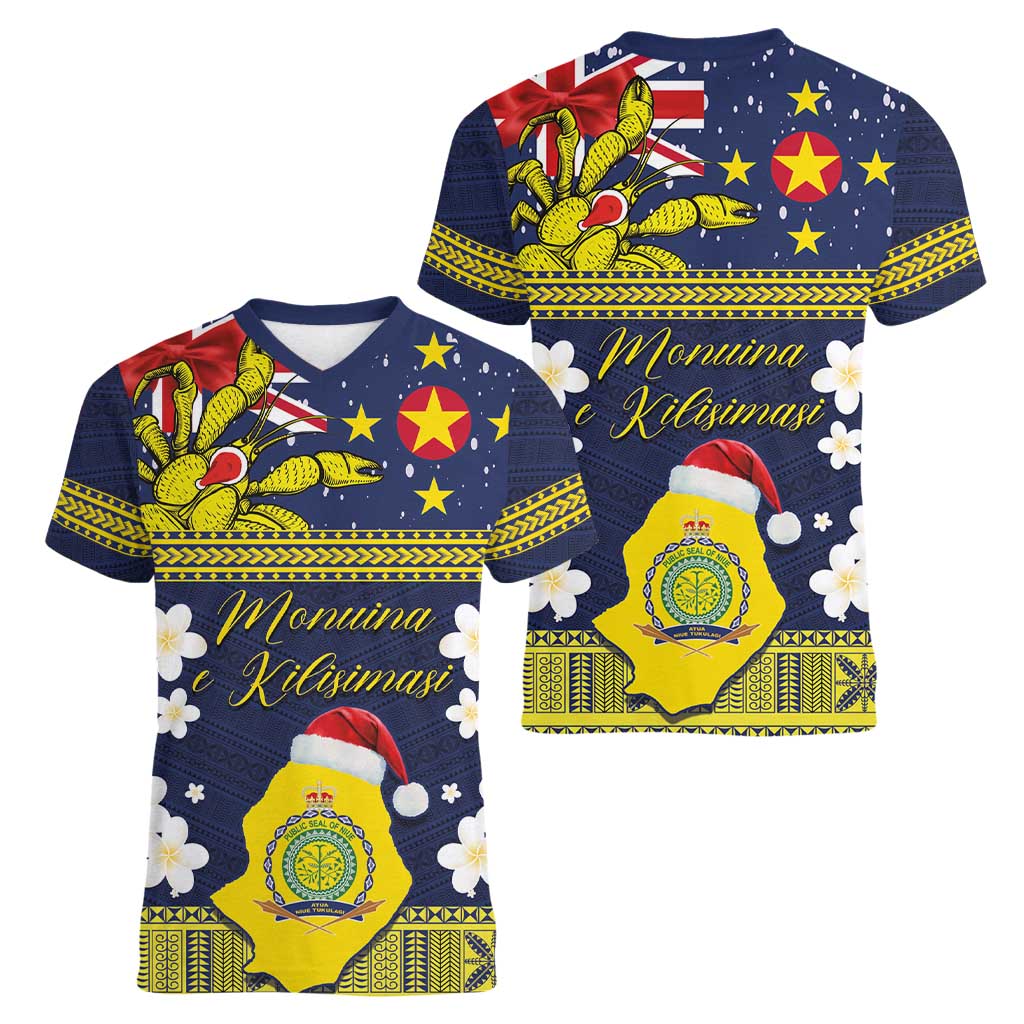 Niue Monuina e Kilisimasi Women V-Neck T-Shirt Christmas Uga - Niue Map and Emblem with Hiapo Art Pattern LT03 - Polynesian Pride