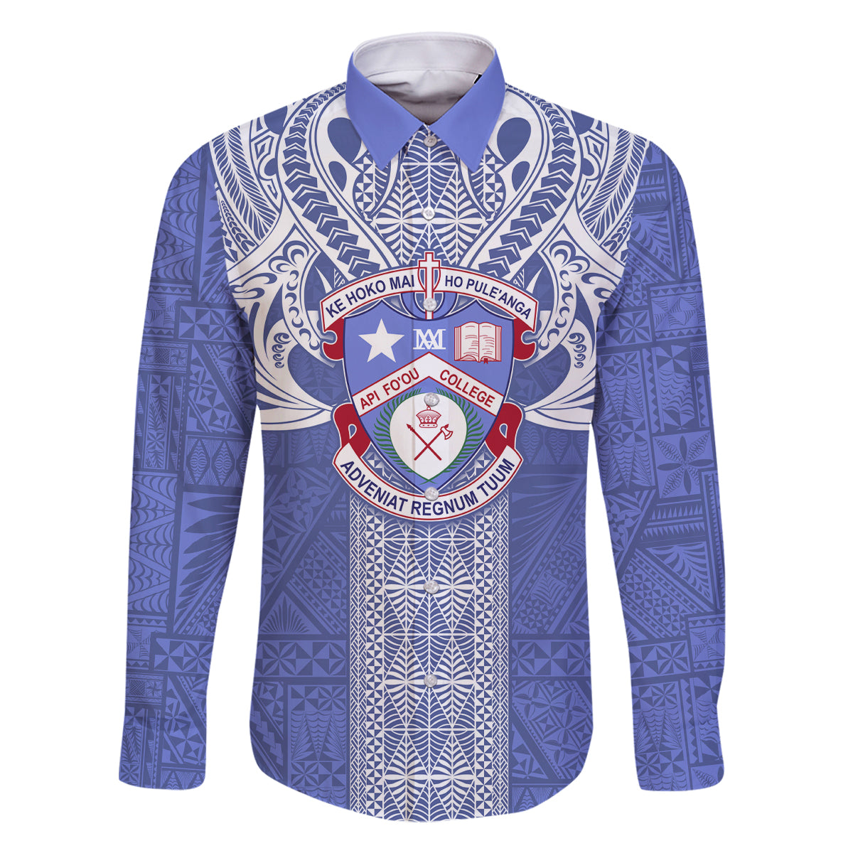 Tonga Apifoou School Family Matching Off Shoulder Maxi Dress and Hawaiian Shirt Ngatu and Polynesian Pattern LT03 Dad's Shirt - Long Sleeve Blue - Polynesian Pride