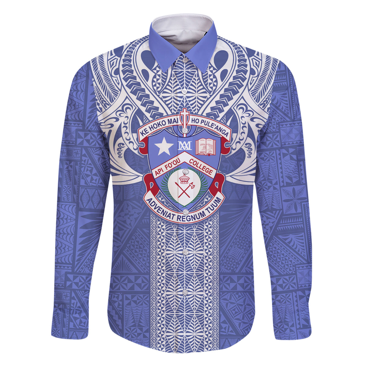 Tonga Apifoou School Family Matching Puletasi Dress and Hawaiian Shirt Ngatu and Polynesian Pattern LT03 Dad's Shirt - Long Sleeve Blue - Polynesian Pride