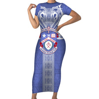 Tonga Apifoou School Family Matching Short Sleeve Bodycon Dress and Hawaiian Shirt Ngatu and Polynesian Pattern LT03 Mom's Dress Blue - Polynesian Pride