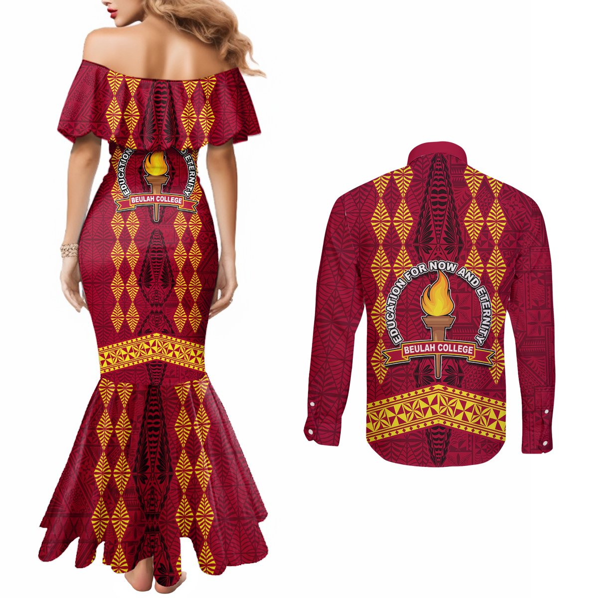 Tonga Beulah College Couples Matching Mermaid Dress and Long Sleeve Button Shirt Ngatu and Polynesian Pattern LT03 - Polynesian Pride