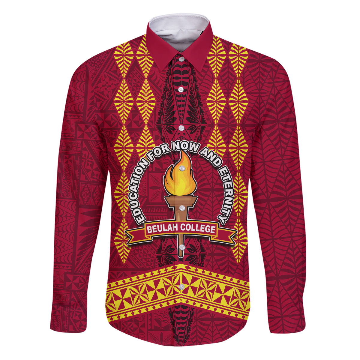 Tonga Beulah College Family Matching Puletasi Dress and Hawaiian Shirt Ngatu and Polynesian Pattern LT03 Dad's Shirt - Long Sleeve Red - Polynesian Pride