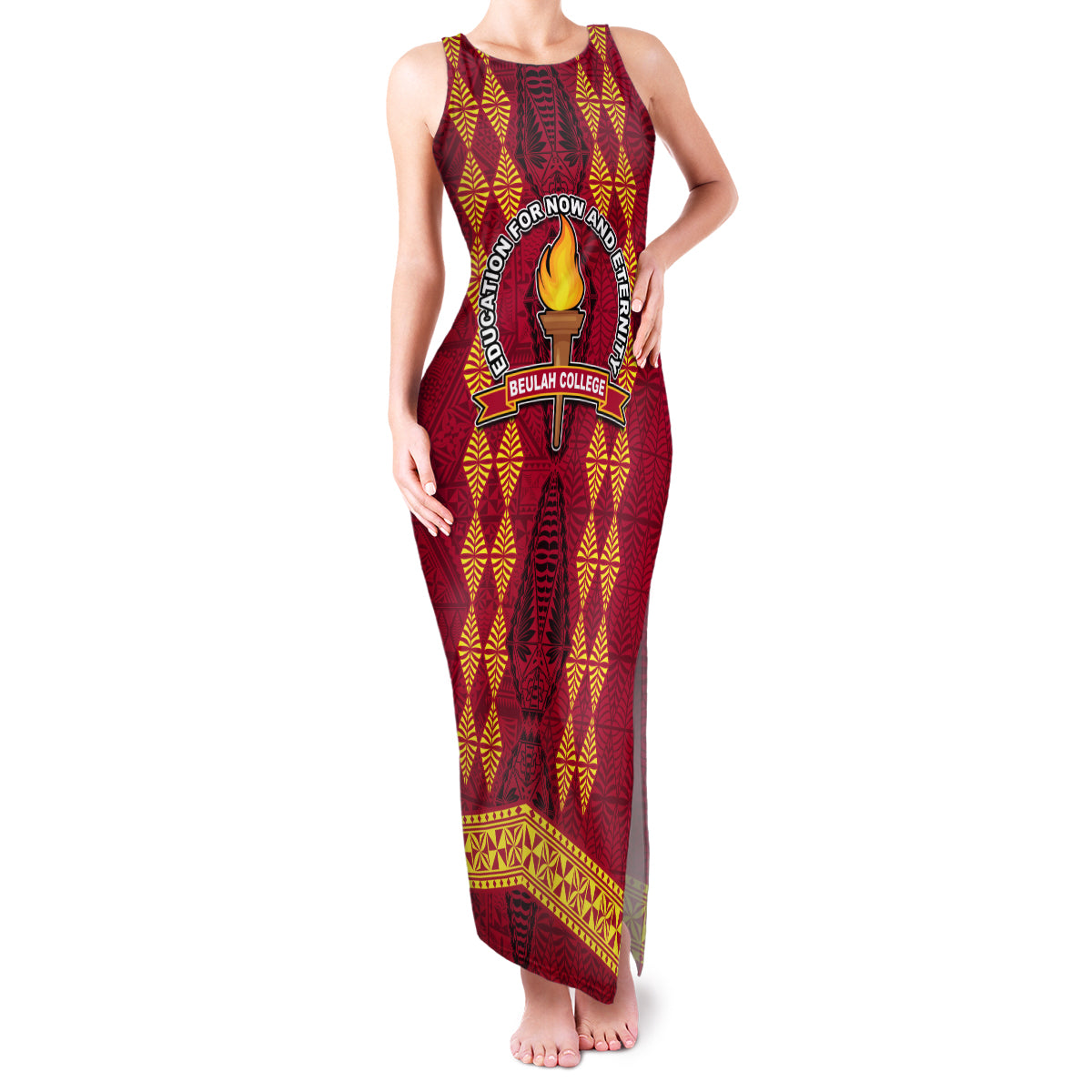 Tonga Beulah College Family Matching Tank Maxi Dress and Hawaiian Shirt Ngatu and Polynesian Pattern LT03 Mom's Dress Red - Polynesian Pride